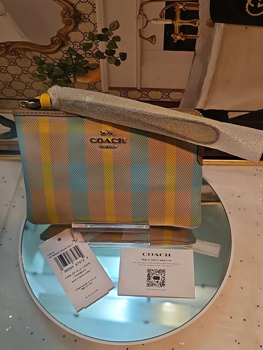 Coach Pastel Plaid - Yellow, Blue & Pink Wrislet Wallet Nwt